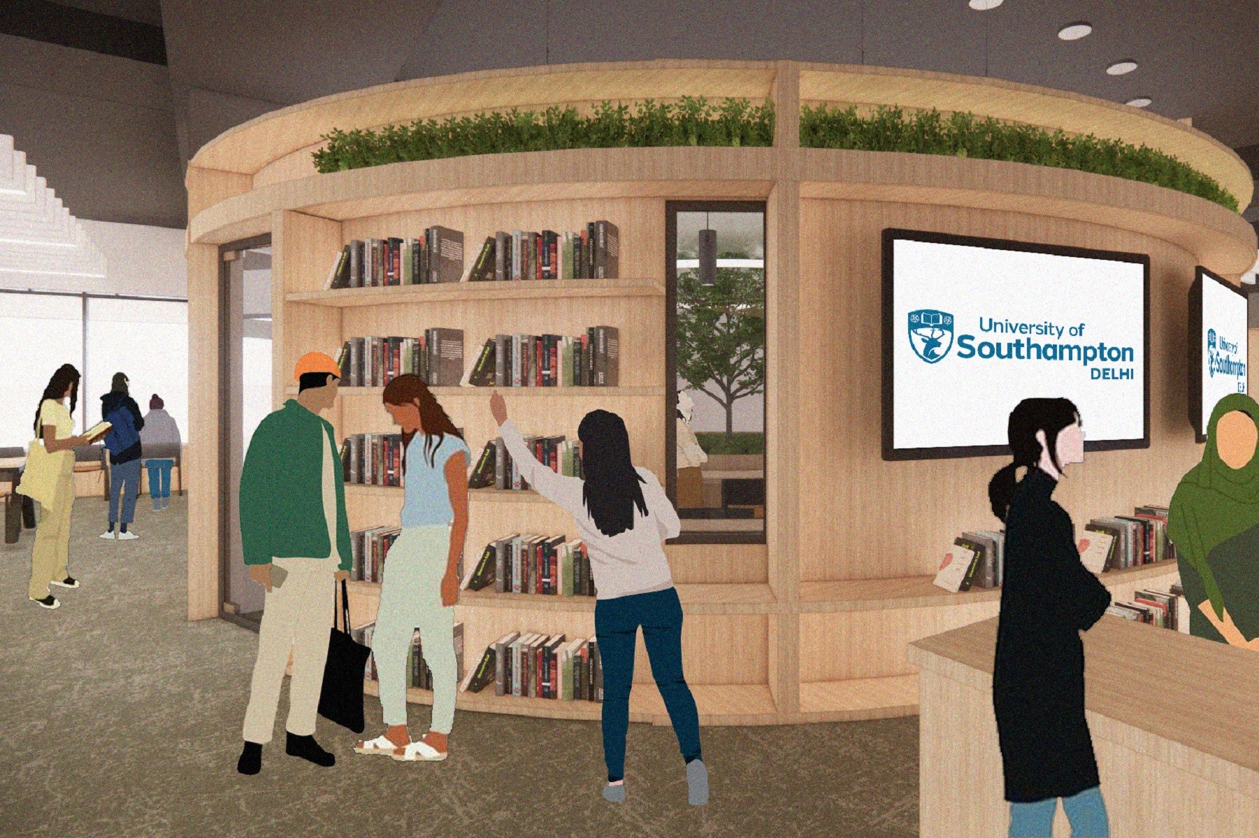 Artist rendering of students standing in the reception of the University of Southampton Delhi